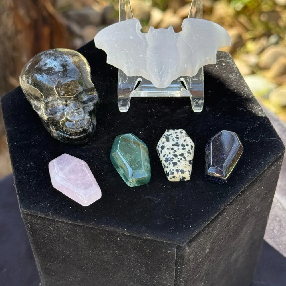 Selenite Bat Crystal, Larvakite Skull. Coffins. Halloween Bundle.